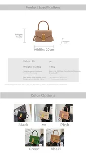 Detailed size chart and multi-color options for the stylish PU leather square handbag