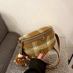 Vintage Plaid Tweed Chest Bag Women Retro Checkered Crossbody Waist Pack With Gold Chain Wide Strap And Plush Charm