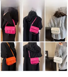 Collage of chic square bags in rose, white, and orange with textured grid patterns