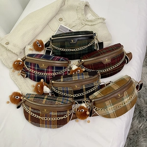 Stylish plaid crossbody chest bag for women in six colors with decorative chain and plush charm