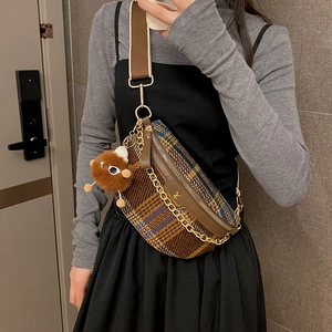 Retro plaid tweed chest bag with brown leather trim and golden chain strap for women