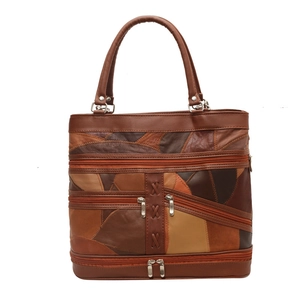 Vintage brown patchwork soft leather tote bag with stylish multi-zippered design