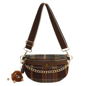 Vintage plaid crossbody chest bag with tweed fabric, brown leather trim and gold chain strap
