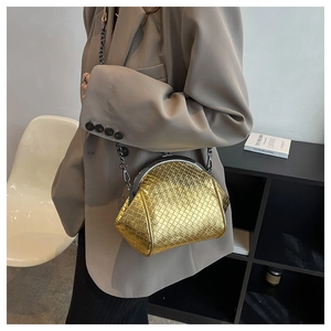 Detail of gold woven shell bag with vintage metal clasp and charcoal chain strap