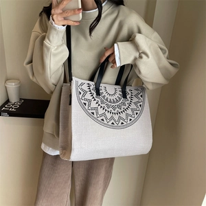 Large Japanese canvas tote bag with geometric print and black leather handles