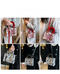 Detail shots of women's embroidered tote bags showing hand-carried and crossbody styling