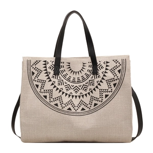 Large capacity Japanese style tote bag with ethnic print and dual straps on white background