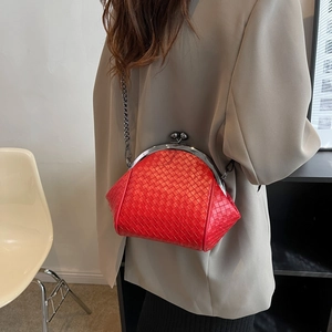 Red woven leather shell bag with metal chain strap and vintage clasp closure for women