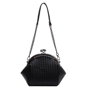 Classic black woven shell shoulder bag with metallic clasp and chain strap on white background