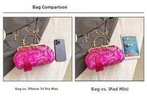 Size comparison of floral embroidered handbag with iPhone 14 Pro Max and iPad mini