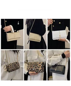 Detail shots of women chain bags in beige, white, leopard print, and black colors
