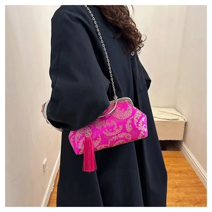 Rose pink Chinese embroidery bag with elegant silk tassel and metal chain strap