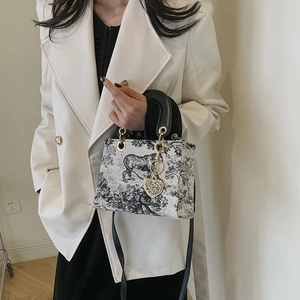 French style Toile de Jouy embroidered tote bag with tiger motif and heart pendant