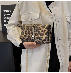 Detail of leopard print crossbody bag with gold chain strap and decorative zipper