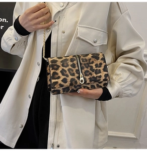 Detail of leopard print crossbody bag with silver zipper and gold chain strap