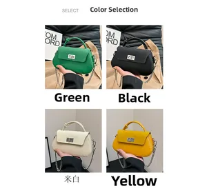Detail view of mini square crossbody bags in green, black, white, and yellow colors