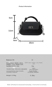 Detailed size chart of the black PU leather handbag with specific dimensions and strap length