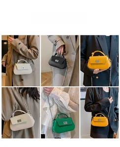 Detailed views of crossbody chain bag in white, black, yellow, and green leather