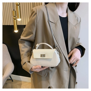 Detail of cream mini handbag with silver chain strap and metal twist lock on a model