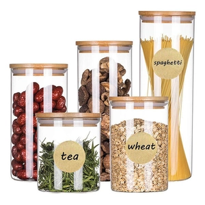 Five-piece high borosilicate glass storage jar set with airtight bamboo lids for pantry