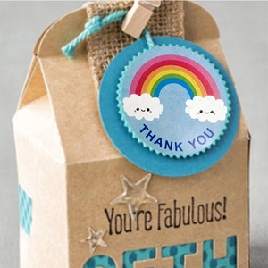 Rainbow Thank You stickers on kraft gift box with You're Fabulous slogan design
