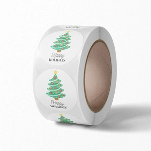 Rolle weißer Happy Holidays Weihnachtsaufkleber mit grünem Baum für Geschenkverpackungen