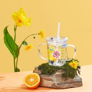 Tazza per neonati 350ml con manici, stampa floreale di limone e scala graduata chiara