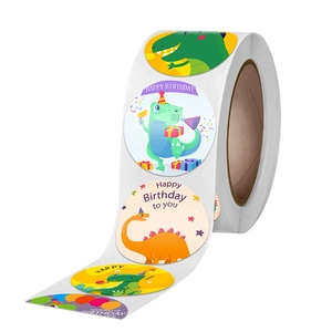 Rotolo di adesivi di compleanno con dinosauri e motivi colorati per feste di bambini