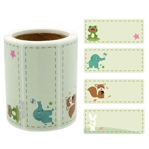 Detail of waterproof cartoon animal name stickers with elephant and panda for kids label