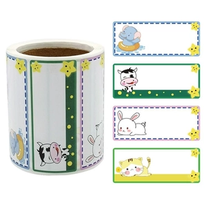 Roll of waterproof cartoon animal name stickers with elephant and cow patterns for kids