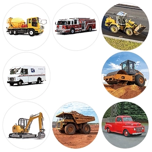 Eight circular vehicle stickers for kids featuring excavators, fire trucks, and loaders