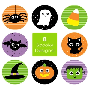 Set of 8 cartoon Halloween stickers featuring spider ghost pumpkin and bat designs