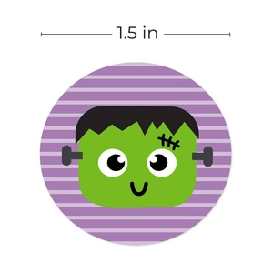 Round Halloween sticker with Frankenstein cartoon character and 1.5 inch size label