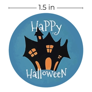 1.5 inch blue Halloween stickers with haunted house design and Happy Halloween text
