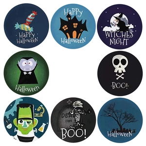 Set of 8 round Halloween stickers with Frankenstein, vampires, and spooky party designs