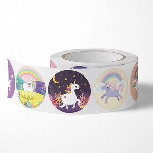 Rainbow unicorn adhesive stickers roll featuring pastel macaron colors for decoration