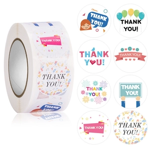 Roll of 8 colorful thank you stickers with heart and balloon illustrations for packaging