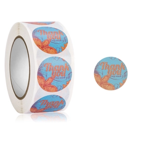Roll of vintage floral Thank You stickers featuring orange flowers and light blue texture