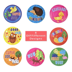 Set di 8 adesivi premio per bambini con animali colorati e frasi motivazionali in inglese