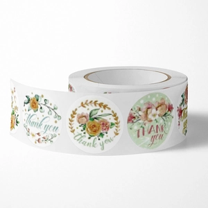 Pink floral Thank You sticker roll with various rose designs for gift packaging and sealing