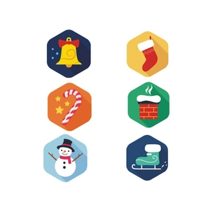Set of 6 Christmas stickers featuring bells, stockings, and snowmen in flat vector style