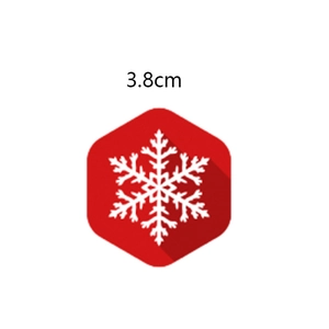 Red hexagonal Christmas sticker with white snowflake design and 3.8cm diameter mark