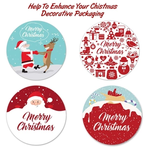 Set of four circular Christmas envelope stickers with Santa Claus and reindeer designs
