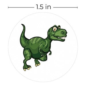 Green cartoon T-Rex dinosaur sticker for kids stationery, 1.5 inch round adhesive label