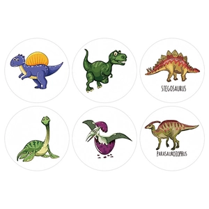 Set of 6 colorful cartoon dinosaur stickers featuring T-Rex and Stegosaurus for kids