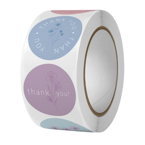 Floral Thank You stickers in Nordic blue and purple tones, round gift seal labels