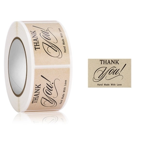 Roll of kraft paper Thank You stickers with Hand Made With Love text for gift packaging