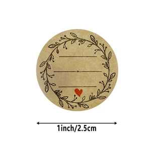 1-inch kraft paper stickers with olive branch wreath, blank lines, and red heart detail