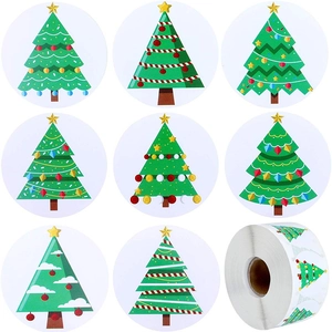 Christmas Tree Stickers Round Adhesive Labels Roll Cartoon Holiday Pattern Gift Wrap Envelope Seal Decor DIY Art