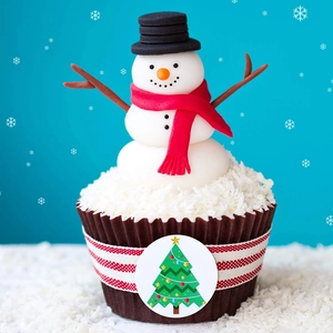 Christmas snowman cupcake with red striped ribbon and a festive green tree label